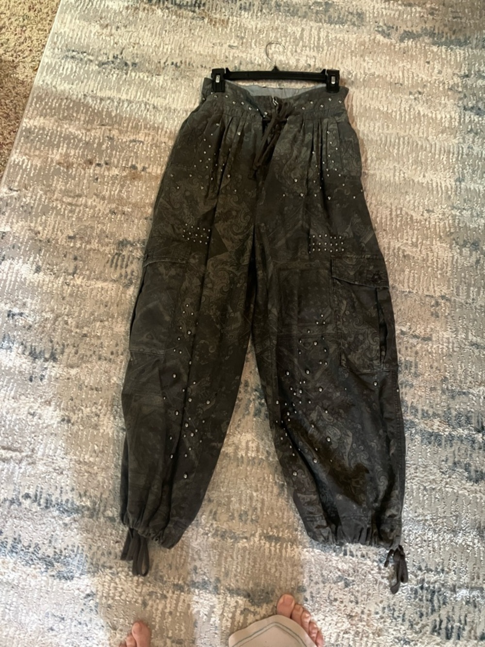 Free People Olive Green Paisley Studded Track Joggers harem style